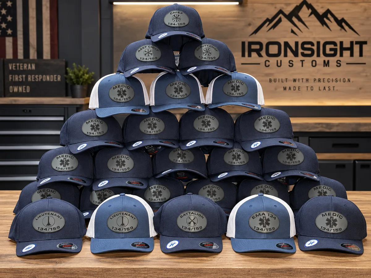 CUSTOM NAVY AND WHITE TRUCKER CAPS AND FITTED HATS WITH ENGRAVED LEATHERETTE RANK AND MEDIC PATCHES