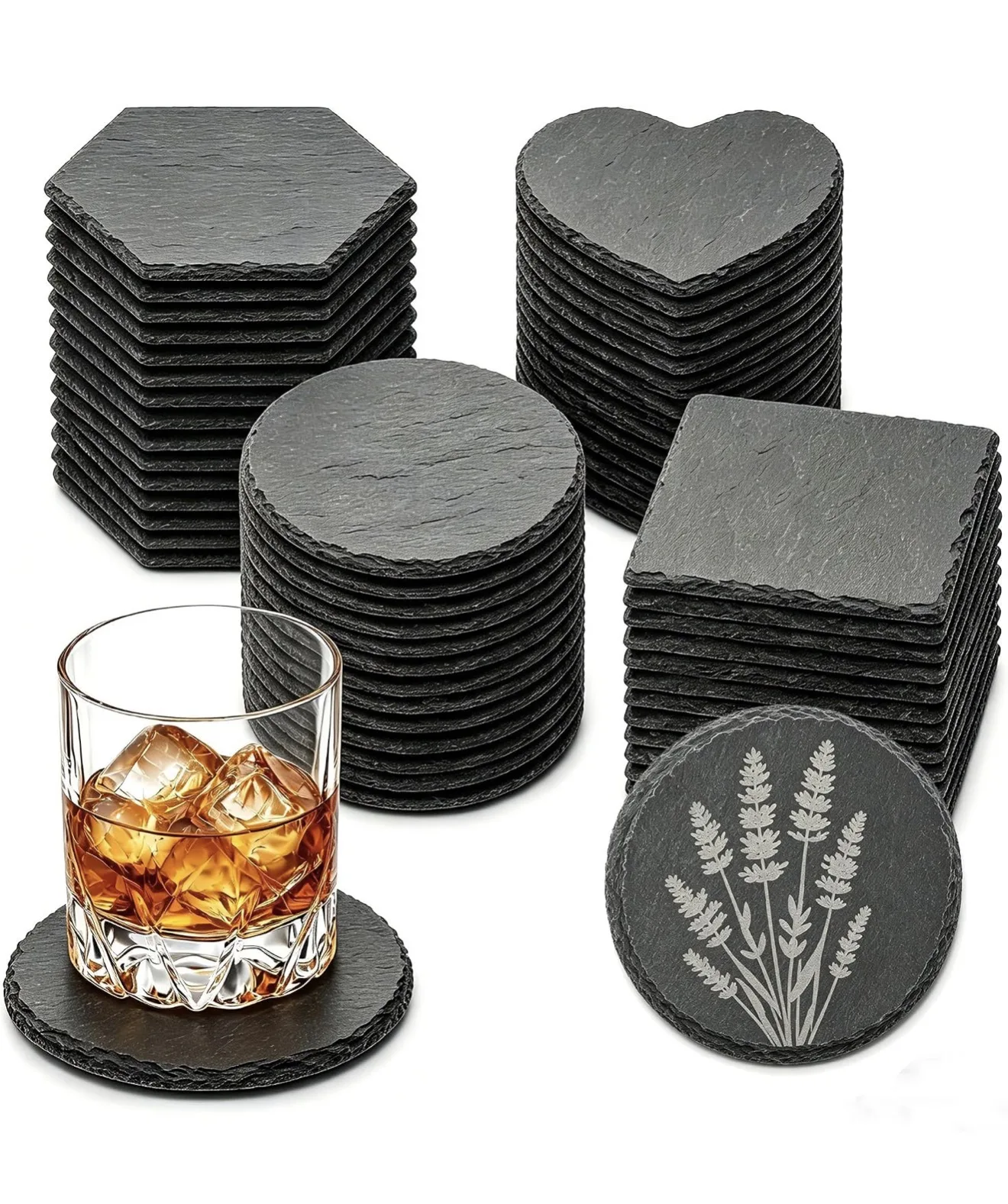 Slate coasters in hexagon, heart, circle and square shapes with an engraved botanical design
