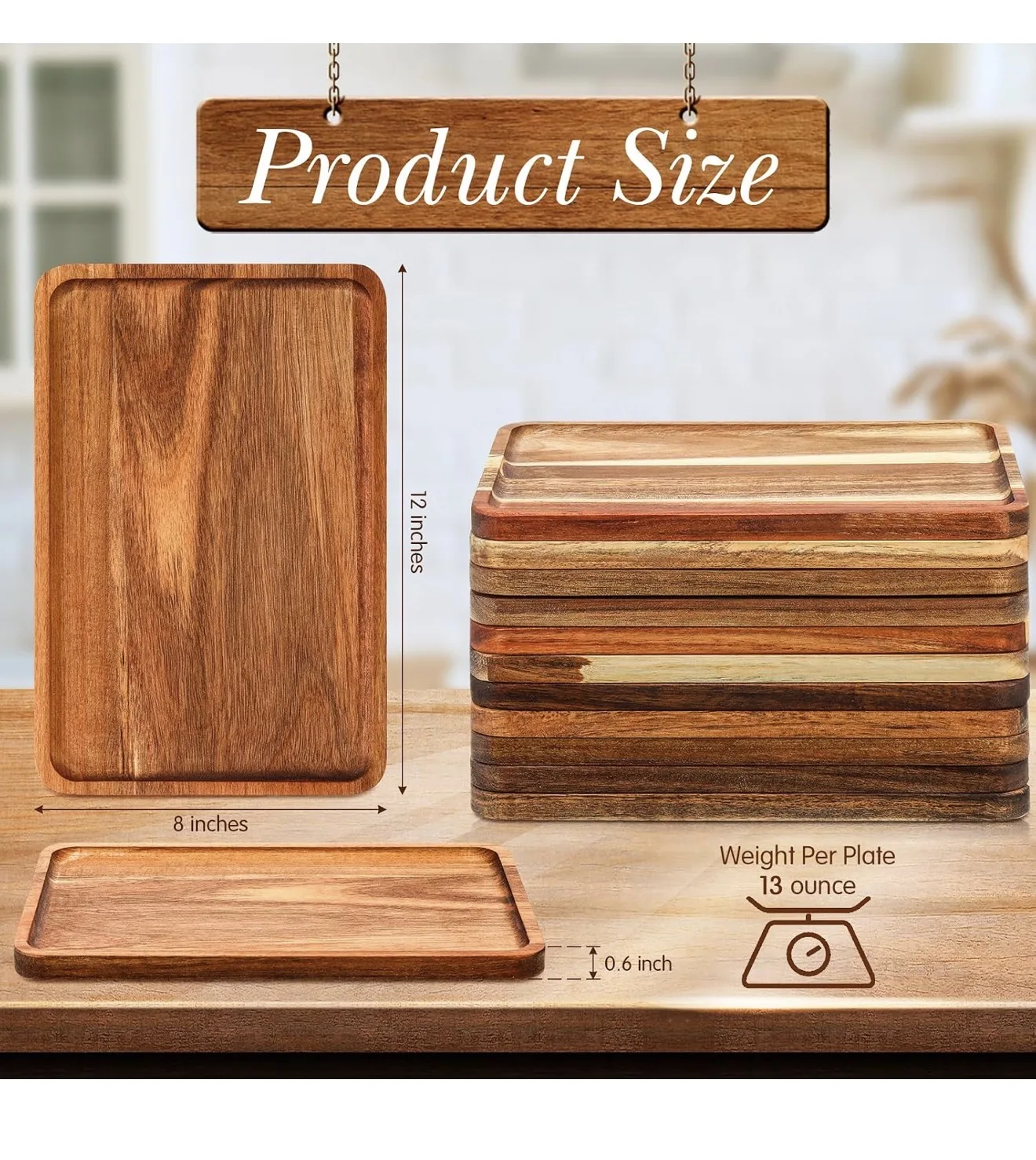 Acacia wood serving trays, 12 by 8 inches and about 0.6 inch thick