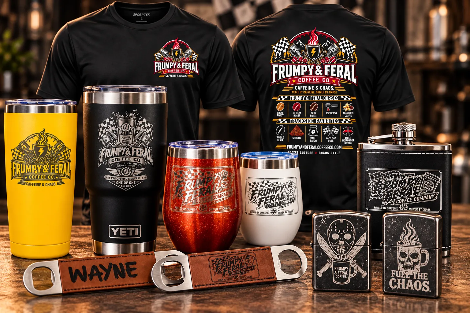 Branded merchandise set for a coffee company: black t-shirts, engraved tumblers in yellow, black, red and white, a leatherette hip flask, bottle openers and lighters