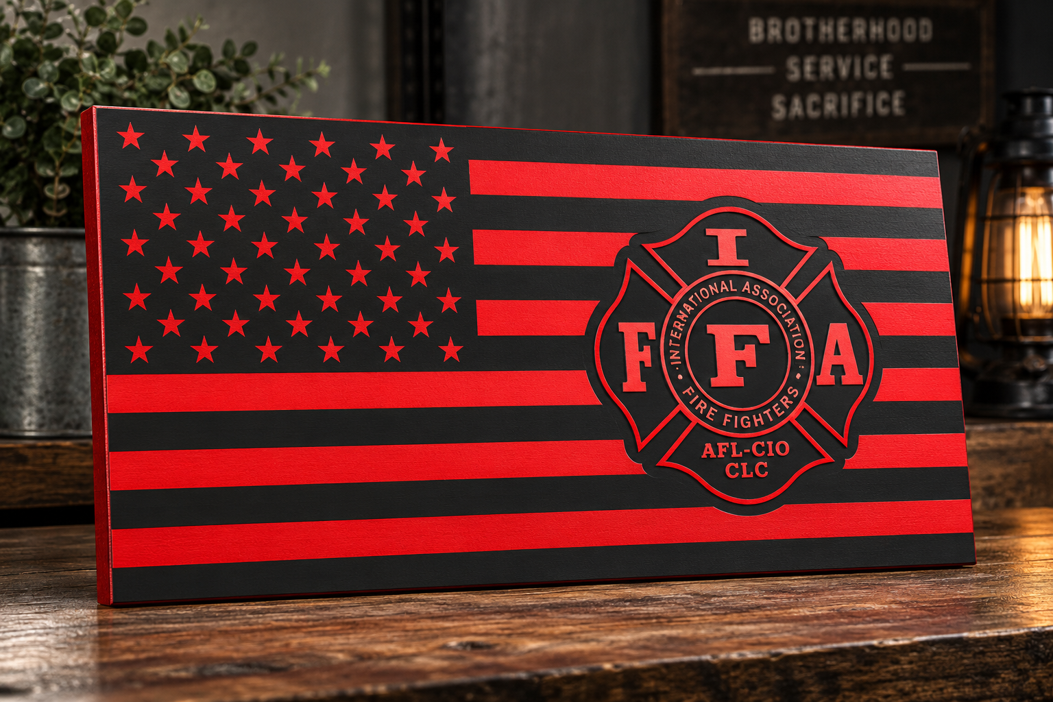 THIN RED LINE WOODEN FLAG WITH THE IFFA LOGO