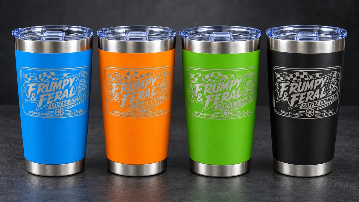 LASER-ENGRAVED STAINLESS STEEL TUMBLERS IN BLUE, ORANGE, GREEN, AND BLACK FOR A COFFEE COMPANY