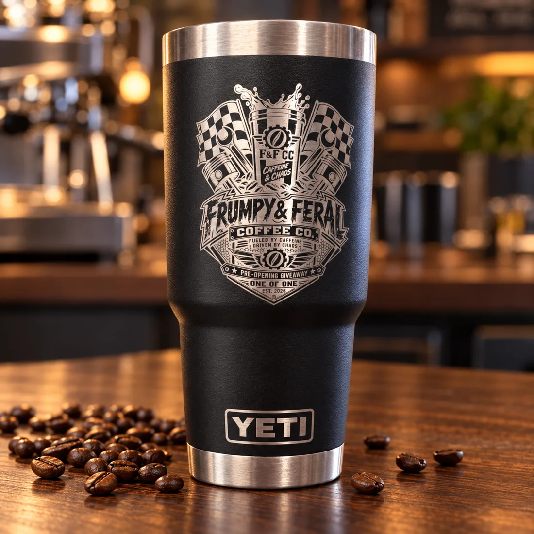 Laser-engraved matte black tumbler for a coffee company launch