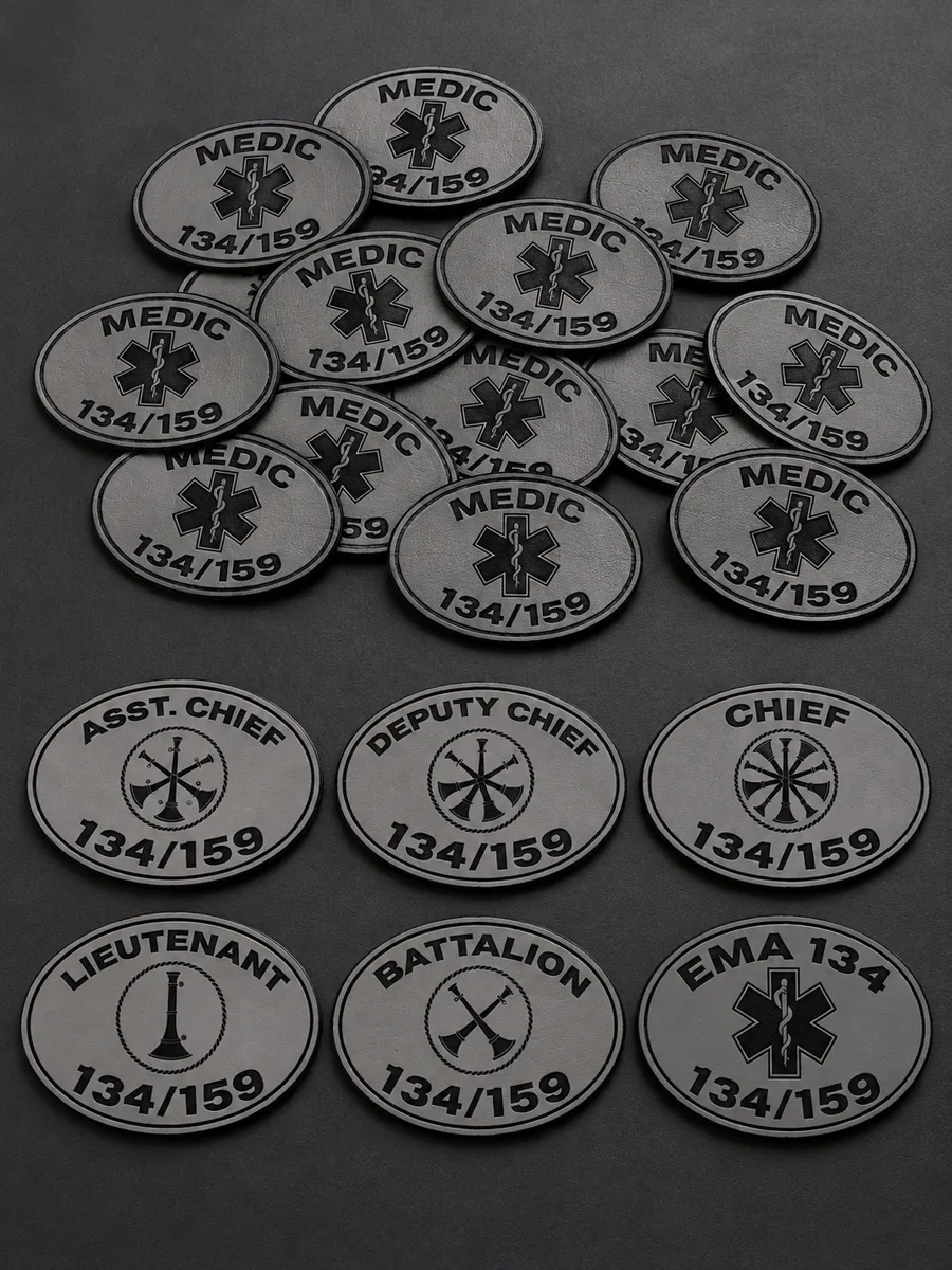 LASER-ENGRAVED LEATHERETTE OVAL PATCHES — FIRE DEPARTMENT RANK BUGLES AND EMS STAR OF LIFE