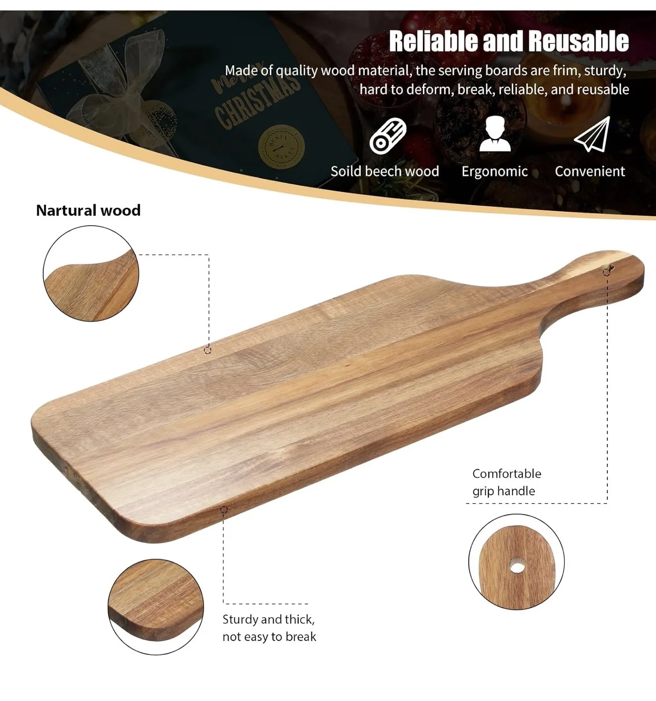 Solid beech wood serving board with a hanging handle