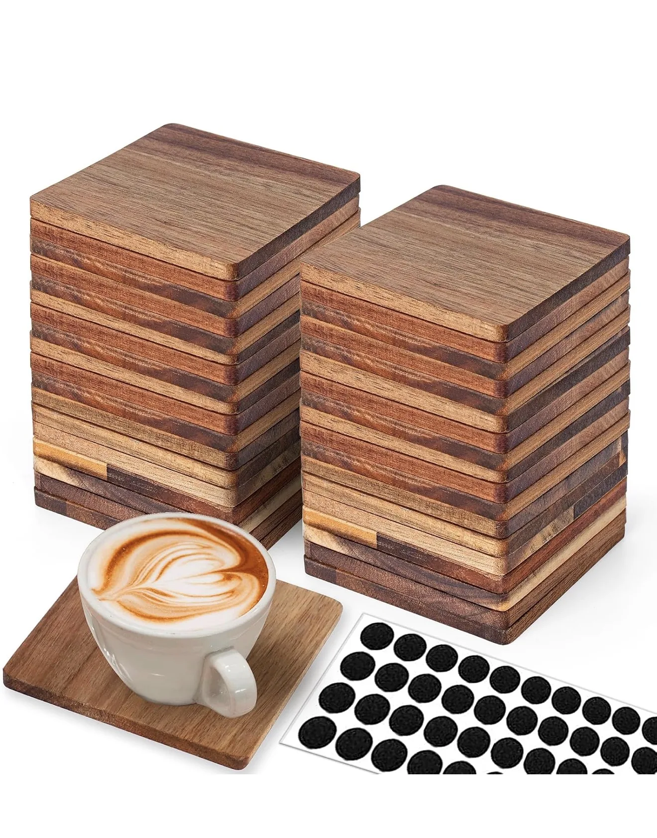 Wooden coasters supplied in stacks with adhesive non-slip feet