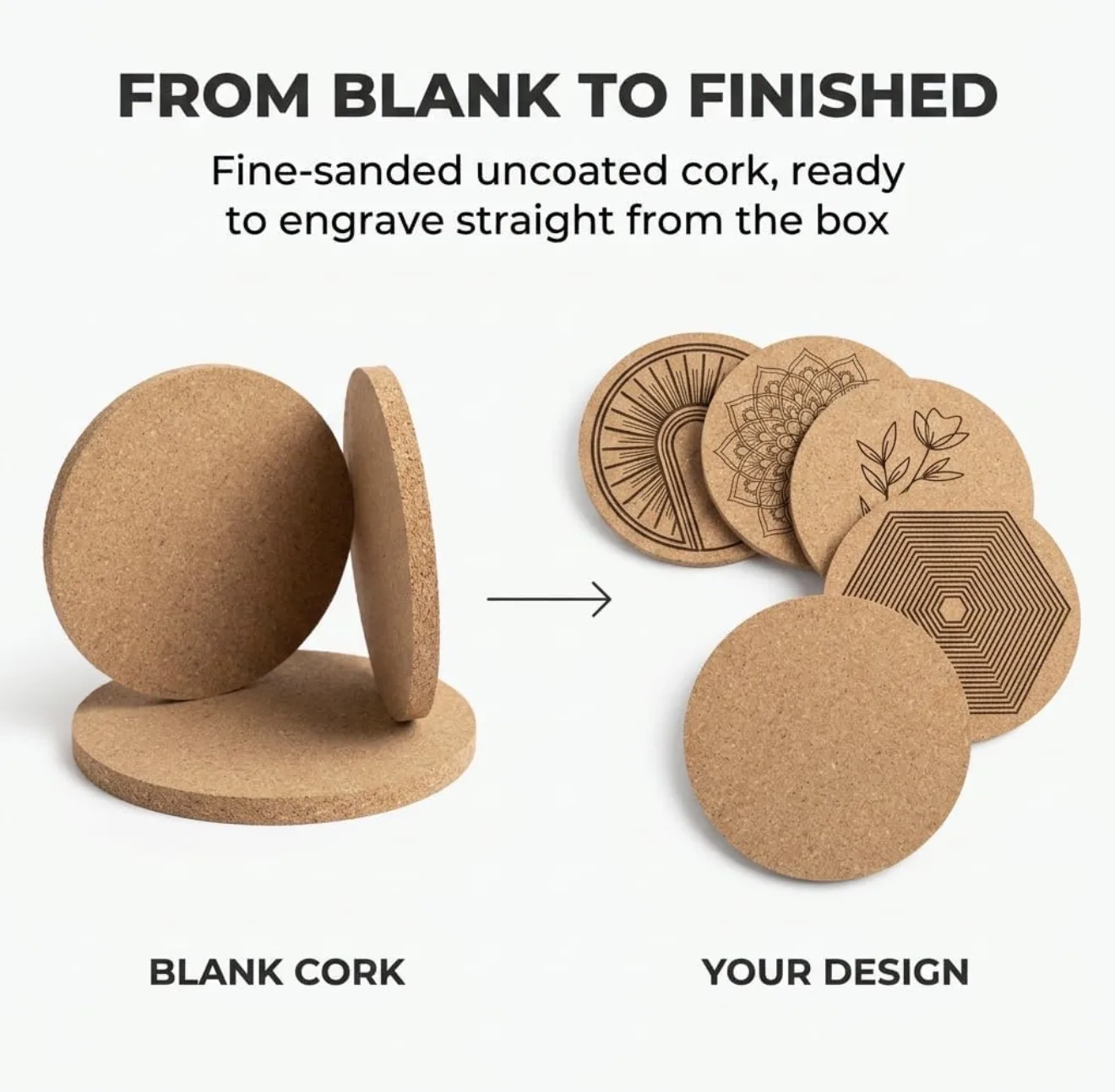 Fine-sanded uncoated cork coasters, shown blank and with engraved designs