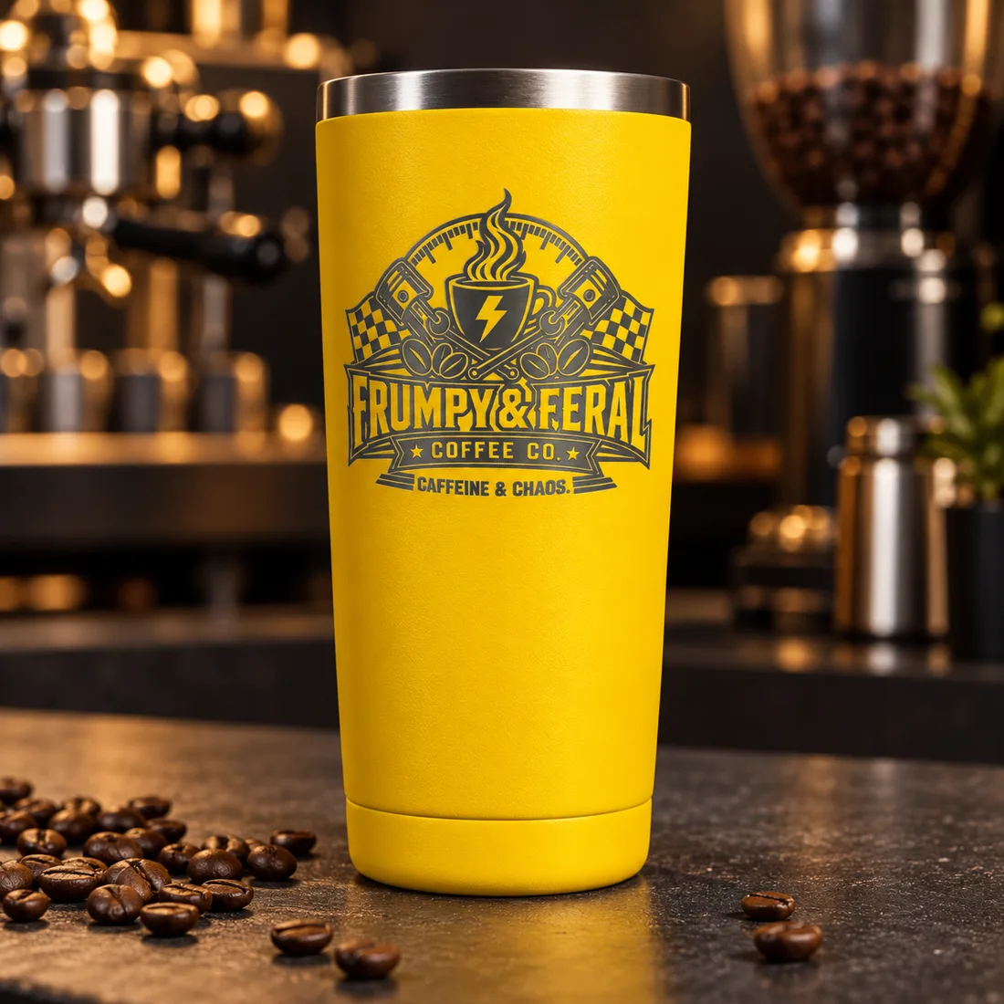 Yellow powder-coated tumbler with a laser-engraved logo