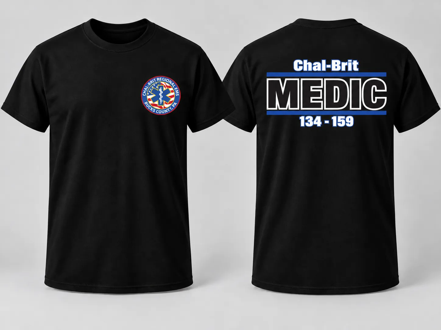Black t-shirt shown from the front and back with a Chal-Brit Regional EMS chest crest and Chal-Brit MEDIC 134-159 printed across the back
