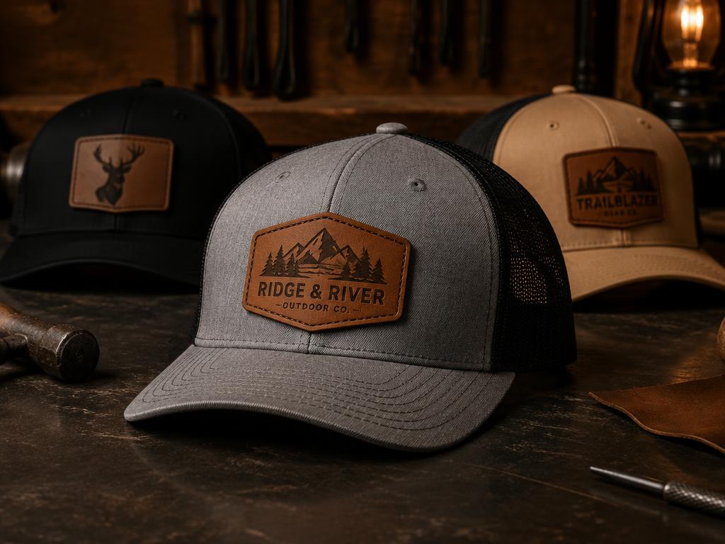 Trucker hats with laser-engraved leatherette patches